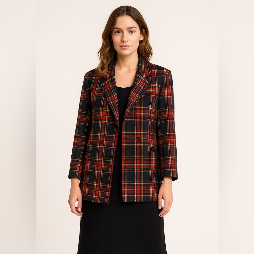 Highland Queen Black Tartan Double-Breasted Virgin Wool Blazer Jacket Size 10